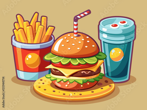 vector of  Delicious burger, fries, and iced tea combo