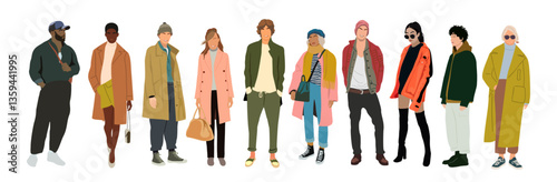 Set of stylish young men and women wearing autumn street fashion outfit. Different business people in smart casual warm clothes. Vector realistic illustrations isolated 