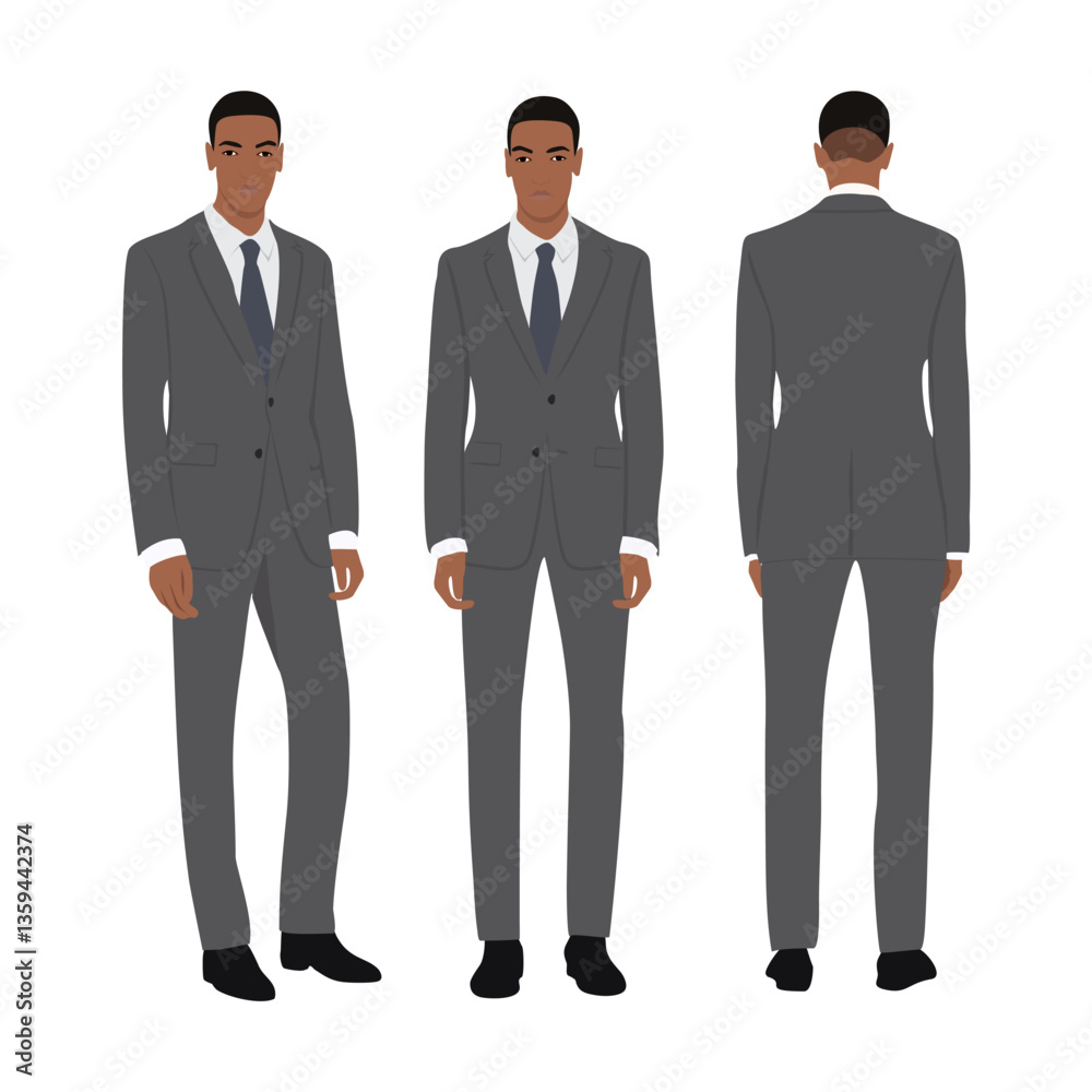 Handsome African American business man in elegant formal suit. Young black man cartoon character in different poses. Front, side and back views. Vector flat realistic illustration isolated Handsome African American business man in elegant formal suit. Young black man cartoon character in different poses. Front, side and back views. Vector flat realistic illustration isolated