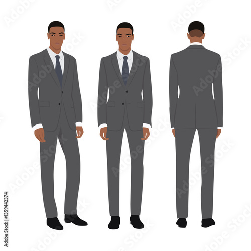 Handsome African American business man in elegant formal suit. Young black man cartoon character  in different poses. Front, side and back views. Vector flat realistic illustration isolated