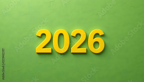 2026 Happy New Year on green texture background. Christmas decorations. New Year's greetings or celebratory. 2026 yellow number 3d rendering. yellow 2026 number. seasonal christmas festive