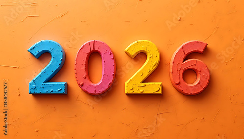 2026 Happy New Year on orange texture background. Christmas decorations. New Year's greetings or celebratory. 2026 colorful number 3d rendering. colorful 2026 number. seasonal christmas festive