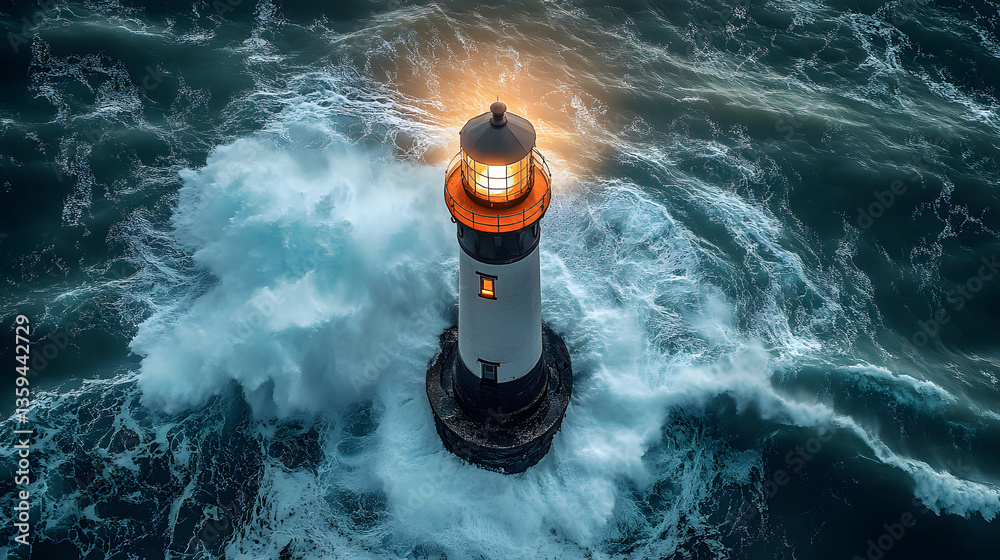 Guiding Light: A lighthouse stands steadfast amidst turbulent waves, its beacon illuminating the stormy sea, symbolizing guidance and resilience.