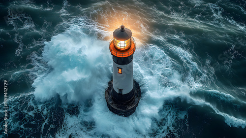 Obraz na płótnie Guiding Light: A lighthouse stands steadfast amidst turbulent waves, its beacon illuminating the stormy sea, symbolizing guidance and resilience. w salonie