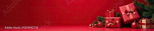 Elegant vertical Christmas scene with wrapped gifts, ornaments on red background,  elegant,  red