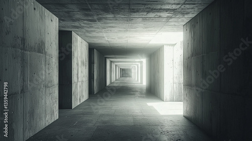 Abstract concrete tunnel interior with moody lighting and deep perspective leading to a distant glowing exit