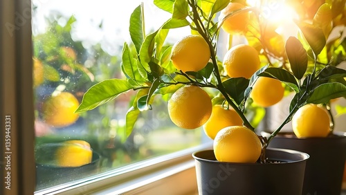 A potted lemon tree with ripe lemons, illuminated by sunlight streaming through a window. Concept Indoor Gardening, Potted Plants, Lemon Trees, Natural Light, Home Decor