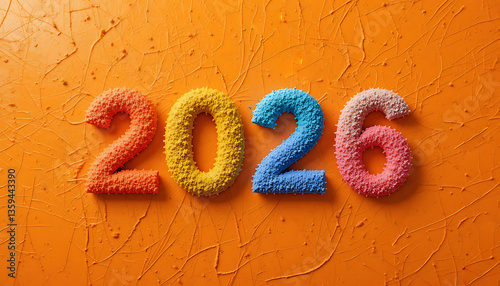 2026 Happy New Year on orange texture background. Christmas decorations. New Year's greetings or celebratory. 2026 colorful number 3d rendering. colorful 2026 number. seasonal christmas festive