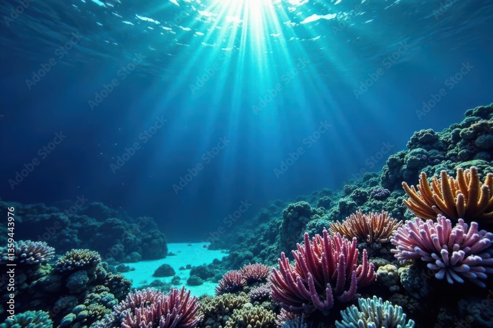 Obraz premium dark blue ocean surface reflected in coral reef , underwater, fish
