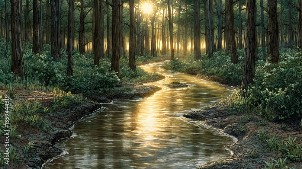 Obraz premium A sunlit forest stream bordered by trees and lush foliage reflects the golden light creating a serene and picturesque