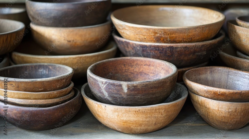 A collection of old wooden bowls, stacked together, showcasing natural wear and historical charm A collection of old wooden bowls, stacked together, showcasing natural wear and historical charm
