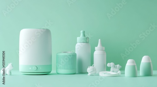 Wallpaper Mural Baby care products, mint green and white.  Modern, minimalist design Torontodigital.ca