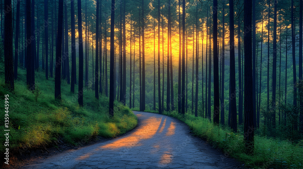 Naklejka premium A sunlit path winds through a dense dark forest with tall straight trees and lush green vegetation Shadows and light