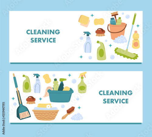 Set of cleaning service banners. Home chemical detergent in bottles. 