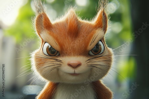 Grumpy Cute Cartoon Squirrel Close-Up
