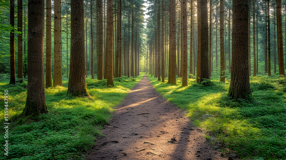 Fototapeta premium A trail cuts through a forest lined with tall trees Sunlight filters through the canopy illuminating green foliage Pe