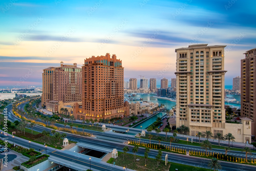 Fototapeta premium Aerial view of Pearl Qatar Porto Arabia Doha Qatar 