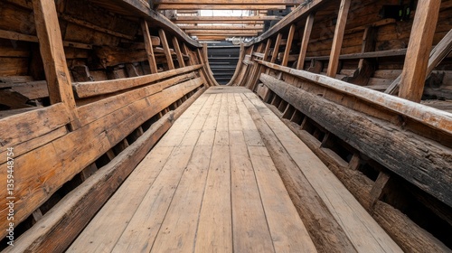 Interior View of Vintage Wooden Ship with Exposed Beams and Floorboards in a Nautical Environment