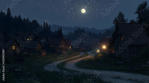 A tranquil village scene at night under the light of a full moon and stars showing a dirt road and quaint houses