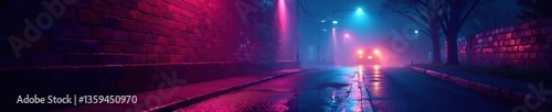 Empty corridor with brick walls and neon light, glowing with ultraviolet rays Foggy street with wet asphalt illuminated by searchlight in the background,  searchlight,  foggy street