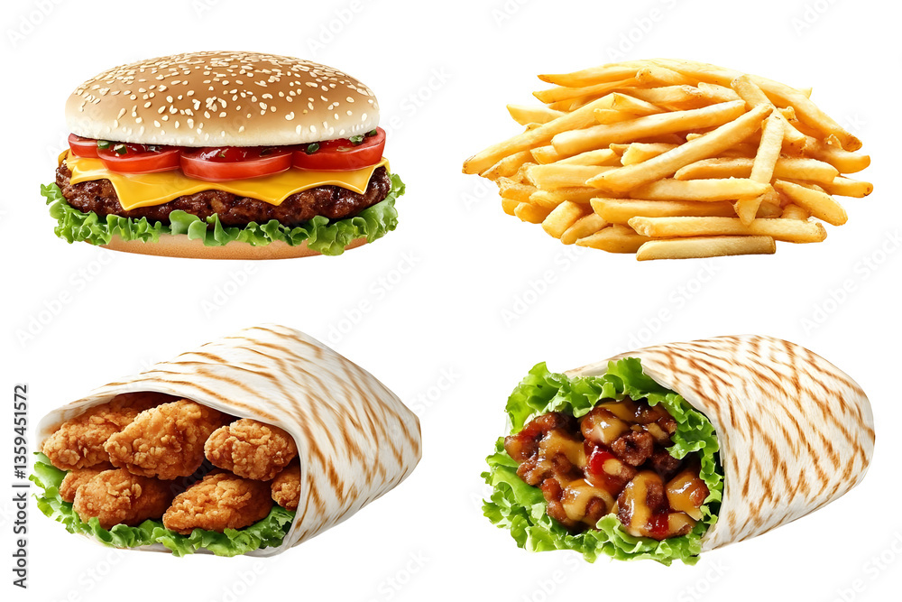Isolated Background Burger Fries and Wraps Fast Food Meal Concept Isolated Background Burger Fries and Wraps Fast Food Meal Concept
