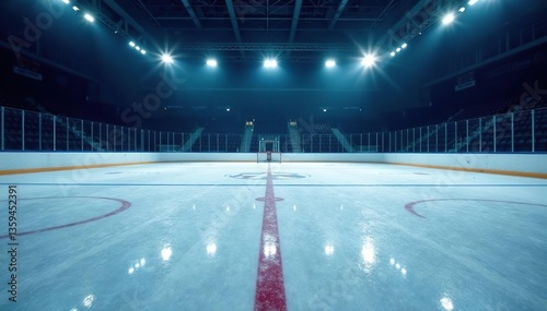 Empty dark ice hockey rink with visible scratches, bright lights illuminating ice surface,  empty,  cold