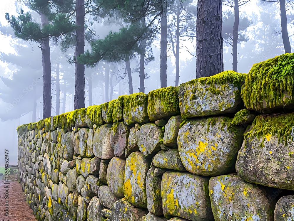 Fototapeta premium Historical stone wall adorned with vibrant moss showcasing age-old craftsmanship and nature's resilience in foggy atmosphere