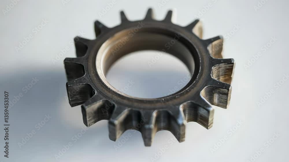 A close-up of a worn metal gear with sharp, rugged teeth, set against a neutral white background. A close-up of a worn metal gear with sharp, rugged teeth, set against a neutral white background.