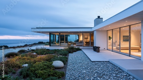 Modern coastal home with an elegant white faÃ§ade, seamless integration of beach pebbles into the landscaping, and expansive glass doors opening to the ocean
