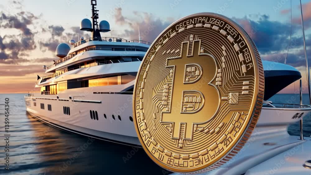 Luxury yacht sunset with Bitcoin symbol, perfect blend of wealth and investment cryptocurrency.