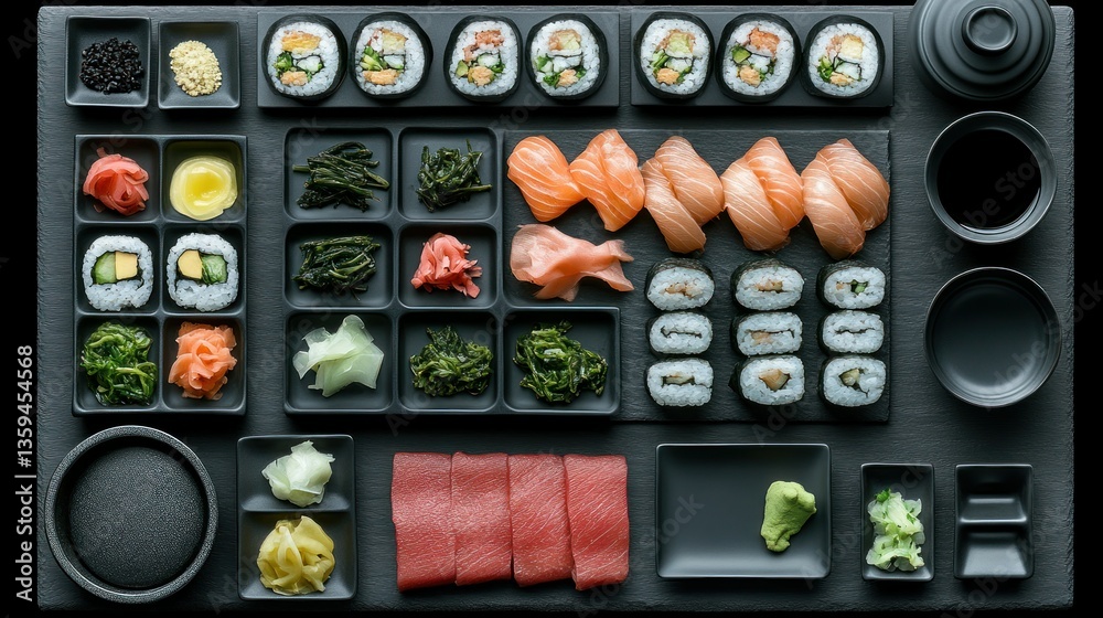 Extensive sushi platter with various options Extensive sushi platter with various options