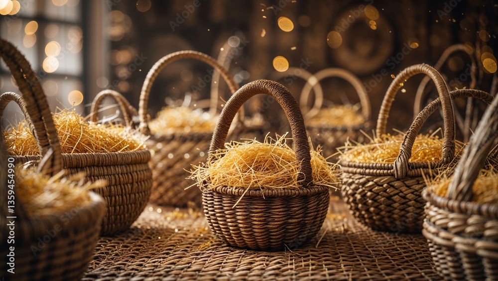 Obraz premium Woven baskets filled with straw displayed on a rustic table in a cozy, warm space during evening hours
