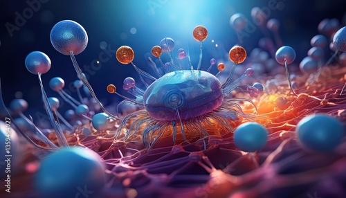 A lively illustration of a virus interacting with cells in a scientific setting.