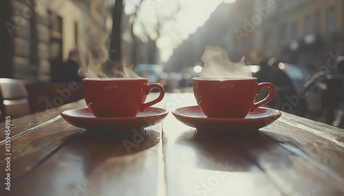 Red coffee cups on outdoor cafe table.