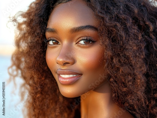 A curly-haired woman stands on the beach, eyes shut