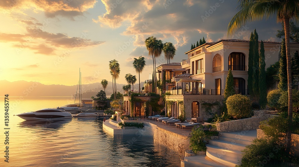Obraz premium Modern Mediterranean villa on the oceanfront, private marina nestled beside palm-lined gardens, warm golden tones of sunset reflecting on calm waters 