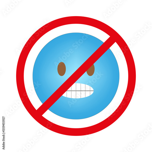 Blue emoji with teeth. Red crossed circle. Prohibited tense symbol. Bright modern design.