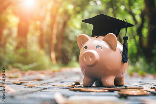 Pink piggy bank with a graduation cap on top, symbolizing saving for education or student loans photo