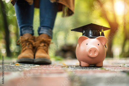 Pink piggy bank with a graduation cap on top, symbolizing saving for education or student loans photo