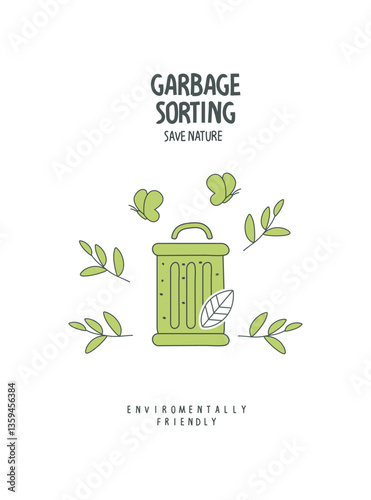 Vector cartoon hand drawn sketch of trash can with green leaves as a sign garbadge sorting.Environmentally friendly planet concept. Zero waste Concept. Think Green.	
