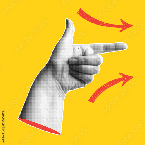 Trendy halftone banner with pointing hand and arrow signs. Finger indicate the direction. Modern retro style. Contemporary collage for design template. Vector illustration