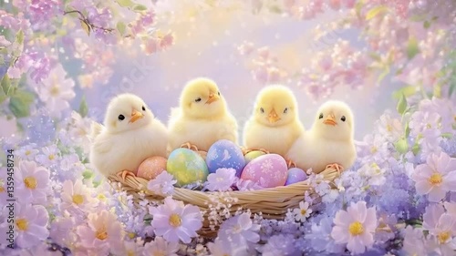 Easter animation background, cute yellow chicks in a basket with eggs, spring nature awakening