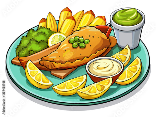 vector of  A tempting plate of traditional fish and chips, complete with mushy peas, tartar sauce served in a lemon and a lemon wedge, a British culinary staple, ...