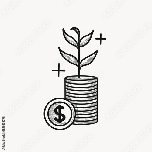 Stack of coins with a growing plant on top and a single coin placed beside it. The monochrome sketch style gives the design a minimalistic and vintage look on a light background