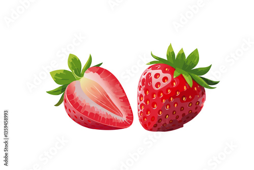 Ilustración de una fresa roja y otra partida por la mitad, fondo blanco, realista