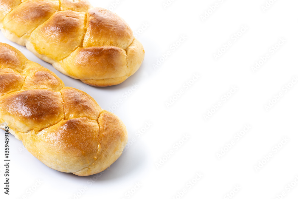 Traditional Easter braided bread. Tsoureki braid isolated on white background. Copy space Traditional Easter braided bread. Tsoureki braid isolated on white background. Copy space