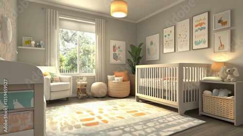 Cozy nursery with natural tones.  Soft furnishings, art, and light create a peaceful space for a baby