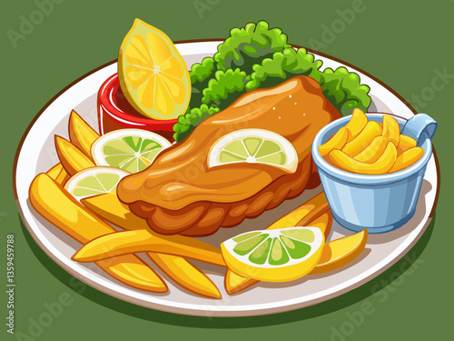 vector of  A tempting plate of traditional fish and chips, complete with mushy peas, tartar sauce served in a lemon and a lemon wedge, a British culinary staple, ...