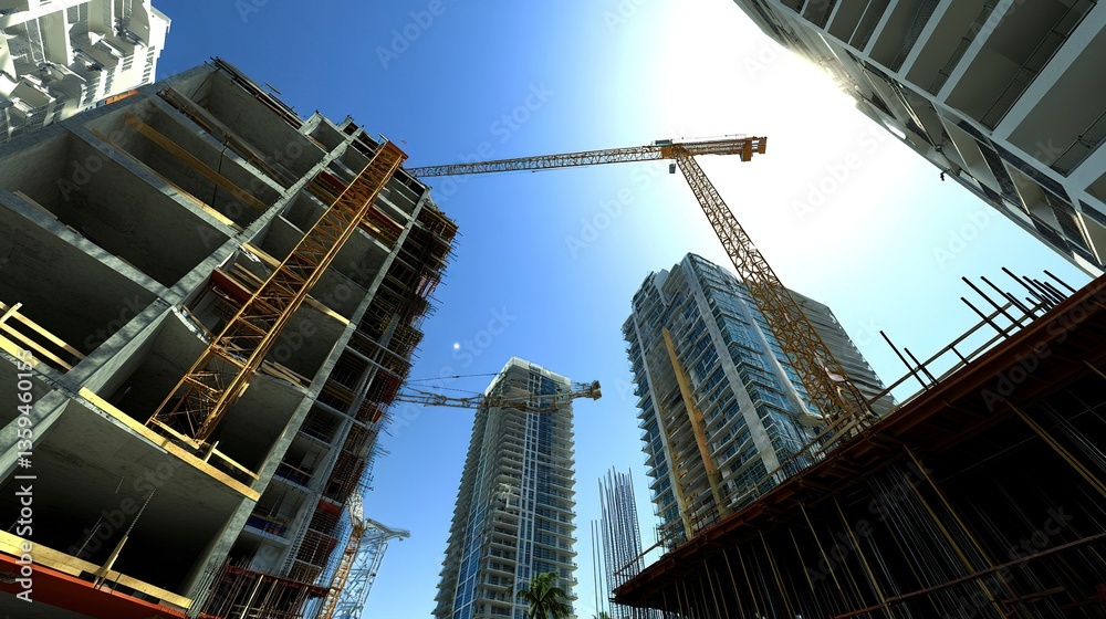 Residential high-rise construction site with cranes extending into a clear Miami sky, scaffolding and urban growth evident, vibrant midday lighting, wide-angle focus. Residential high-rise construction site with cranes extending into a clear Miami sky, scaffolding and urban growth evident, vibrant midday lighting, wide-angle focus.