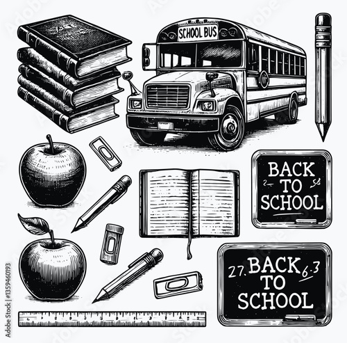 A school bus with a collection of school objects like books and apple for back to school time vintage illustrations